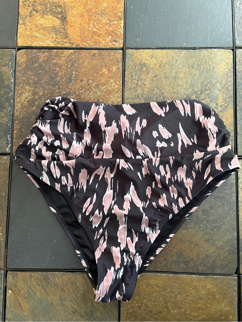 Amazon High-Waist Swim Bottoms in Black and Blush Print